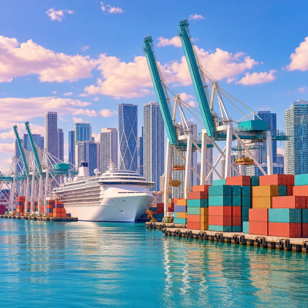 Port of Miami cranes and cruise ship in daylight